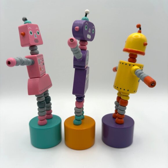 Vintage Lot Wooden Push Puppet Toy Robot Retro Articulated Figure Collectible - Picture 3 of 13